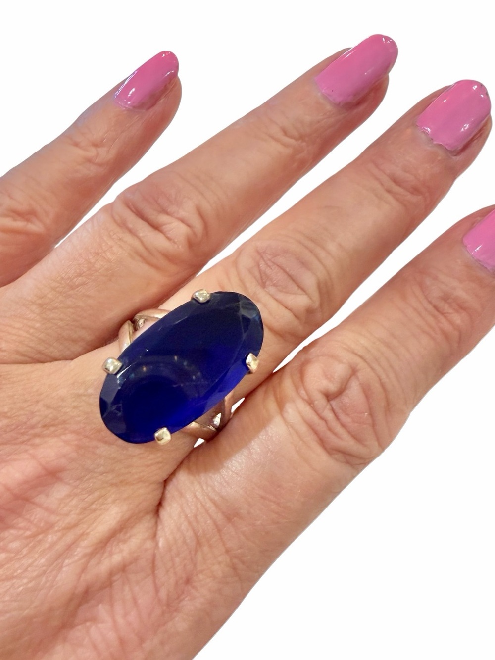 Vintage 925 Stamped Sterling Silver Large Blue Statement Cocktail Ring - Size 10